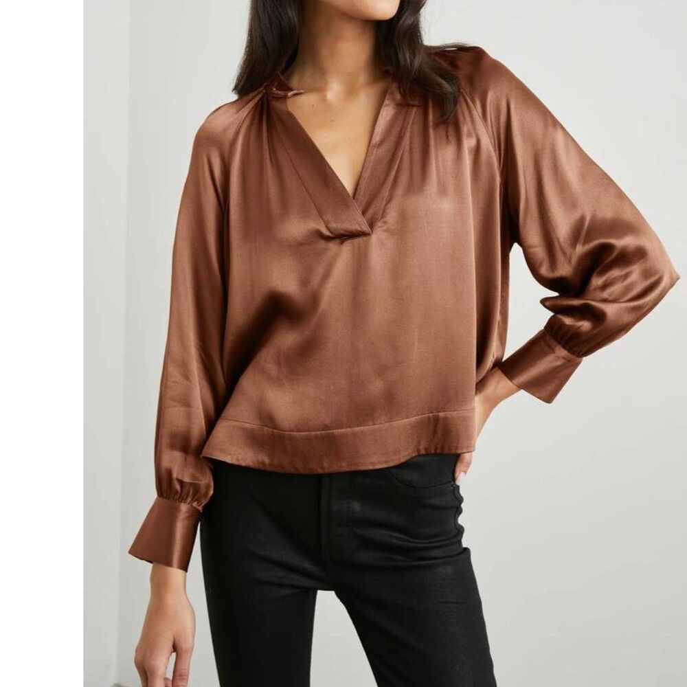 Rails Wynna Brown Satin V Neck Blouse Long Sleeve Top Size S